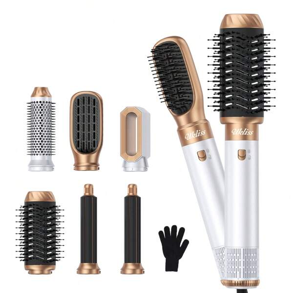 UKLISS Secador de Cabelo e Modelador de Ar Quente 6 em 1 - Escova Destacável Iônica | Acabamento Volumoso à Prova de Toque, Ferro de Ondular e Prancha | Presente para Verão, Dia das Mães e Prime Day (Branco Dourado)