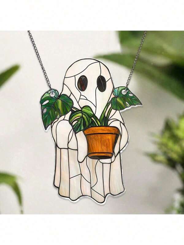 Dyed Acrylic Window Hanging Decor, Cute Ghost With Plant Decor, Gothic Sun Catcher, Haunted House Decor, Halloween Window Decor, Haunted House Aesthetics, Suitable For Home, Bedroom, Living Room, Wall Decor (Peel Off Protective Film Before Use, Made Of Acrylic, Not Glass) Room Decor Bedroom Decor Home Decor Halloween Decor Fall Decor