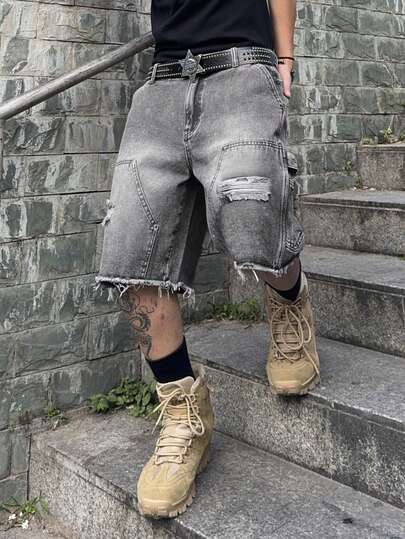 1件美式多口袋休闲男士牛仔短裤，宽松街头风设计，做旧细节，（不含腰带和配饰）