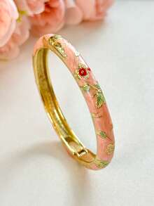 1 pieza Brazalete de estilo vintage con esmalte floral dorado, brazalete dorado, accesorio de joyería para niñas y mujeres, adecuado para uso diario y regalos festivos