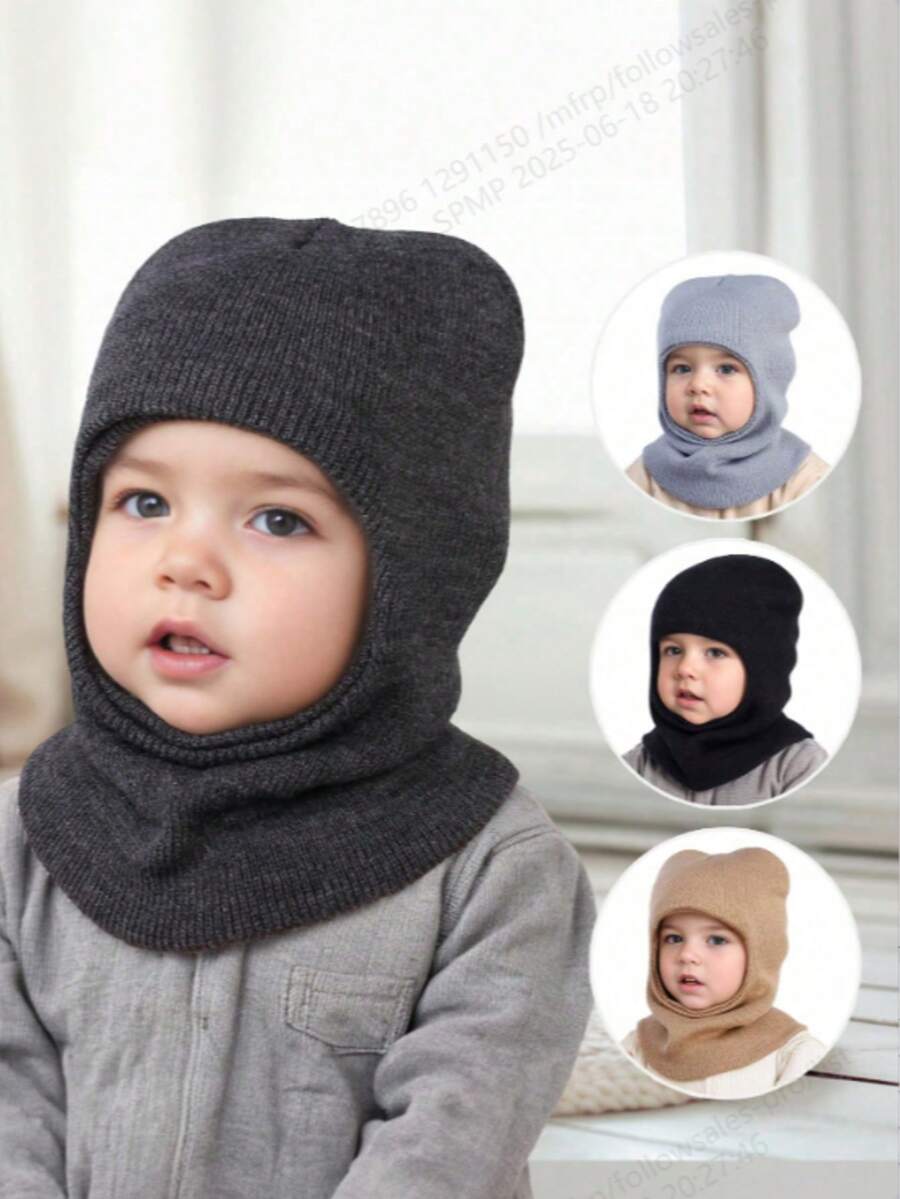 1pc Kids/Baby Solid Color Knitted Cute Balaclava Hat, Warm & Suitable For Autumn/Winter Outdoor Daily Use - 1PC - View 1