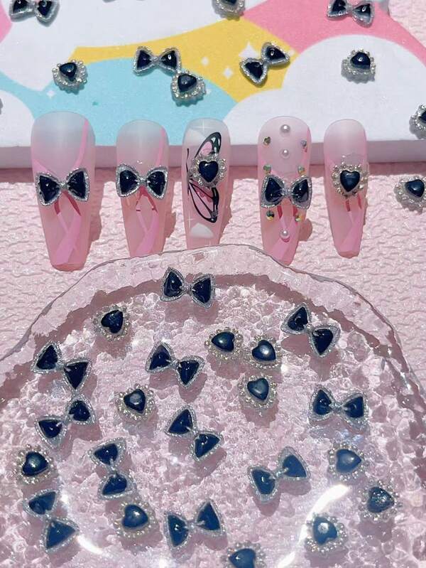50pcs Mixed Heart Rhinestone, Bowknot, Luminous Bow Nail Art Jewelry Decorations, Resin Nail Crystals DIY Accessories