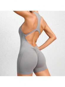 Women's Sleeveless Yoga Jumpsuit, Zipper Vest Exercise Clothing Set Women's Fashion Sports Coveralls - 灰色 - 查看 2