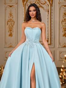VIPGIRL Vestido de satén sin tirantes para fiesta de graduación en color blush y azul hielo con Body bordado y abertura alta, elegante vestido de gala de estilo princesa, atuendo para dama de honor, vestido de fiesta para mujeres, vestidos formales y de noche para mujer