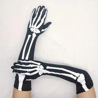 1pc Unisex Halloween Long Skeleton Gloves, Elastic Full Finger Party Costume Role Playing Funny Gloves