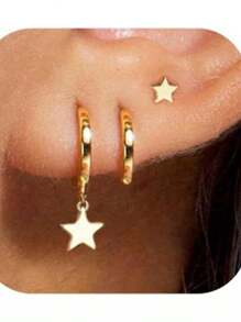 Juego de 3 pendientes aro dorados con baño de oro de 14K, pendientes colgantes con aros apilados en forma de corazón/estrella/luna, apropiados para mujeres, de estilo de moda.