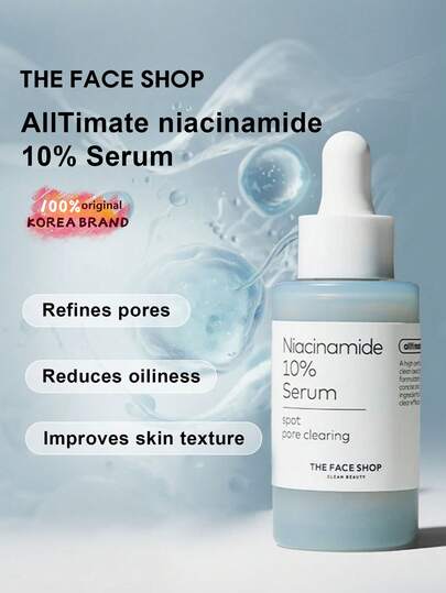 The Face Shop 10%烟酰胺精华液，纯烟酰胺，亮肤复合物，保湿凝胶质地，快速吸收，均匀肤色，收缩毛孔，夜间修护，妆前乳，适合油性及敏感性肌肤，30毫升/1.01液盎司