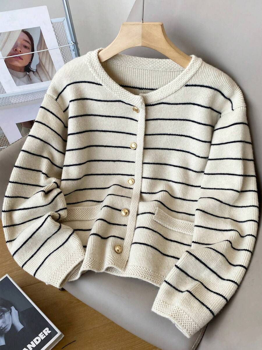 JIANHU 极简黑白条纹温柔开衫