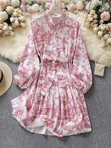 1pc Elegant Random Print Long Sleeve Tie-Waist Loose Fit Midi Dress - Red - View 3