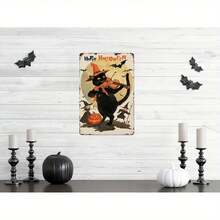 1pc Vintage Halloween Metal Wall Art Sign - Country Style Black Cat Playing Violin With Bat & Pumpkin Pattern, UV-Resistant Waterproof Indoor/Outdoor Decor, No Electricity Required, 30x20cm, Farmhouse Fence Home Decoration