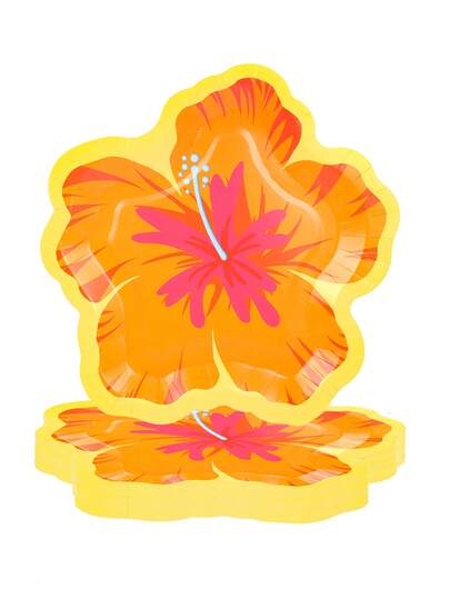 10 piezas/20 piezas/50 piezas Platos de papel con flores de hibisco amarillo al por mayor y hojas de palma artificiales, Platos de papel desechables con flores de hibisco estilo luau, Mantel individual de hojas tropicales para fiesta hawaiana de verano, Decoración y suministros de la fiesta