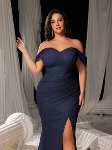 Faeriesty Curve Plus Off-Shoulder Mermaid Evening Gown With Subtle Ruching Details, Glamorous Belt & High Side Slit | Luxe Formal Design | Perfect For Weddings, Galas, Proms, And Upscale Evening Parties - Navy Blue - View 7