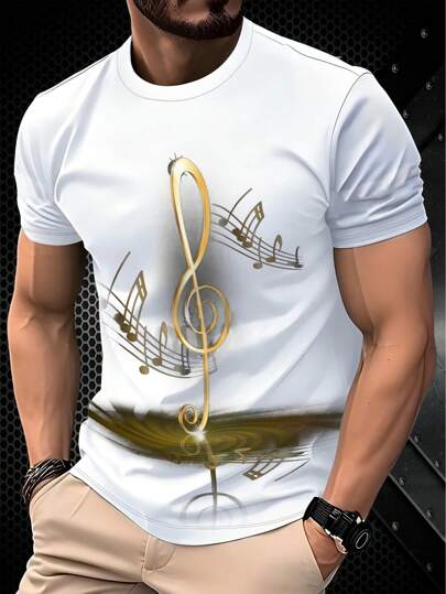 Camiseta de manga corta con estampado de nota musical en negro y dorado, camiseta casual versátil y de moda para hombres