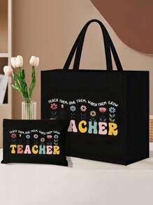 Bolsos de lino con impresión de palabras "Profesor", patrones de flores, letras con patrones de dibujos animados y animación. Incluye bolso cosmético con cremallera, bolso de aseo portátil, bolso de maquillaje, bolso de almacenamiento portátil de gran capacidad, bolsas grandes, bolsas de compra negras, monederos, regalos de agradecimiento para maestros y bolsos de lino de gran capacidad para mujeres. Adecuado para turismo, compras y actividades de playa, de vuelta a la escuela.