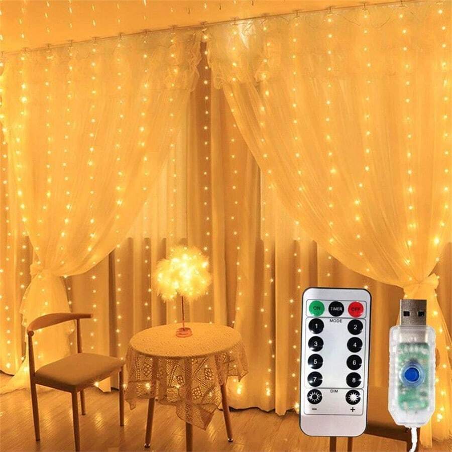 USB Powered Curtain String Lights, 8 Lighting Modes Remote Control, Suitable For Wedding, Christmas, Halloween, Home Bedroom, Holiday Party, Ramadan, Valentine's Day Decoration