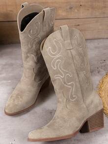 Design Title Women's Solid Color Embroidered Wedge Heel Fashionable Slip-On Stylish Boots - Beige - View 5
