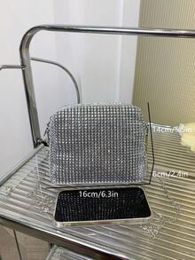 1 件闪亮塑料钻石装饰女士金属链单肩包/斜挎包，拉链开合迷你方形镂空钱包适合夏季派对、摄影、休闲、节日、礼物 - 名牌包 - 銀色 - 查看 4