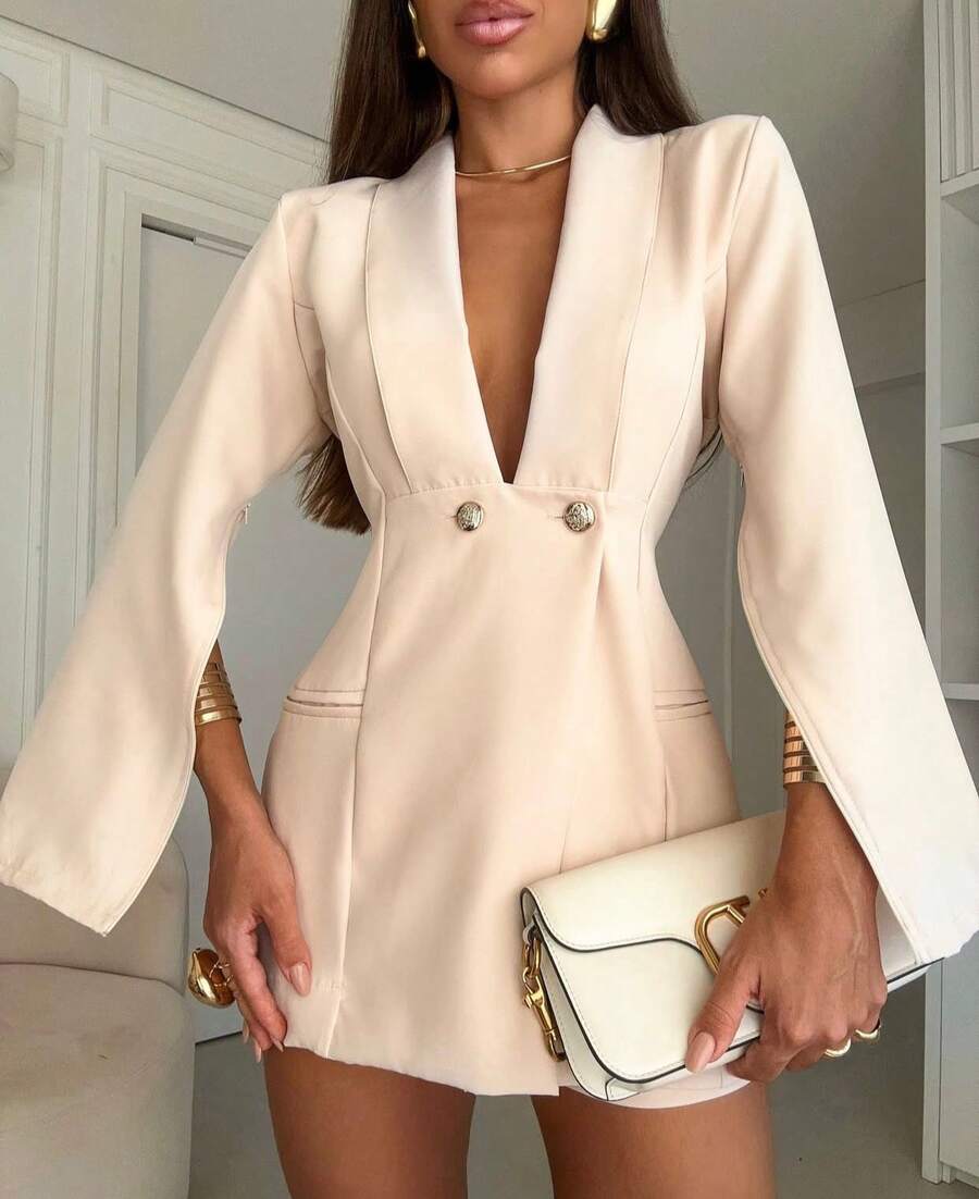 Shorts And Tailored Blazer Set With Square Neckline - Desnudo - Ver 1
