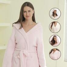 Bearberry Hooded Robe Cozy Leopard Robe Lightweight Soft Plush Bathrobe With Pockets For Women - 粉色 - 查看 3