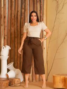 Women's Pantacourt Linen High Waist Trousers With Bow And Pockets - Coffee Brown - View 2