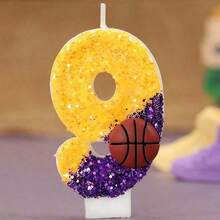 1pc Birthday Decorations Basketball Glitter Purple Gold Patchwork Sequin Basketball, 24 Number Basketball Star Fan Gift, Creative Handmade DIY Digit Birthday Candle With Holder For Cake