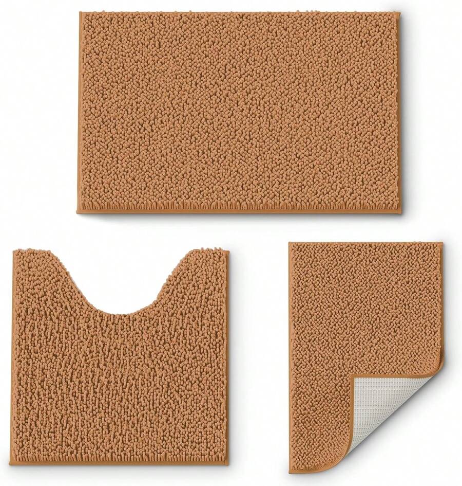 Bathroom Rugs Sets 3 Piece, Extra Soft And Absorbent Chenille Bath Mats And U-Shaped Contour Toilet Rug, Quick Dry, Home Decor Accessories, Bath Mat Set For Bathroom, Tub, Shower, Champagne - Champagne - View 1