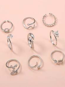 Set de 9 piezas de tobilleras ajustables, incluye formas de serpiente, mariposa, libélula, delfín, corazón, hoja y otras, adecuado para mujeres y niñas - Plateado - Ver 4