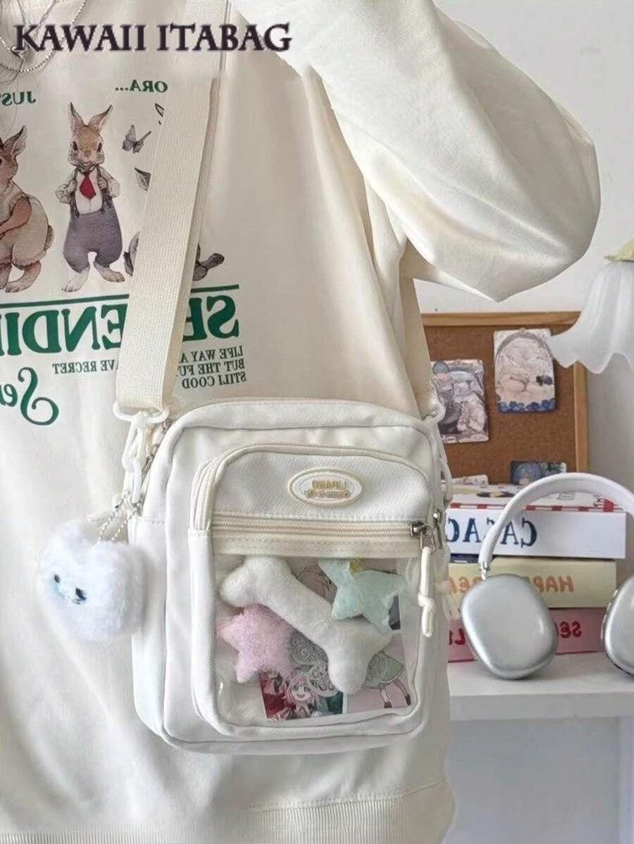 适合10厘米娃娃的小包可爱日式纯色斜挎包带透明口袋DIY迷你单肩包钱包和手提包动漫迷娃娃包女孩返校礼物 - 白色 - 查看 1