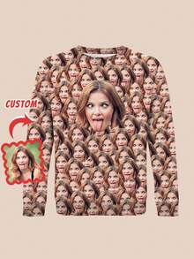 Customized Funny Face Design Men's Crew Neck Sweatshirt, Men's Sportswear, Personalized Hoodie With Amusing Face Pattern, Autumn/Winter Casual Sporty Style, Ideal Gift For Him/Her