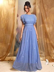 CHOSMO Abito elegante con volant lucido e tinta unita, adatto per appuntamenti serali, feste, compleanni, anniversari, lauree, vacanze in famiglia, balli - Blu - Visualizzare 3