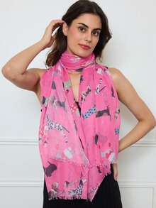 超柔软夏季围巾，印有彩色狗狗图案。尺寸：85厘米/180厘米 - 中紫紅色 - 查看 6