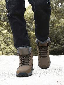 Men's Hiking Boots, Outdoor Sports Warm High-Top Shoes For Autumn/Winter, Fashionable Men's Snow Boots, Trekking Boots, Outdoor Camping Hiking Boots, Anti-Slip And Wear-Resistant, Black/Khaki Lace-Up Snow Boots, Plus Size Men's Shoes, Size 39-48