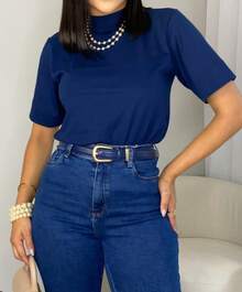 Elegant Basic T-Shirt Blouse With Rib Collar - Navy Blue - View 2