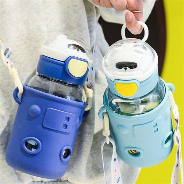 1pc 600ml Cute Cartoon Water Bottle With Straw Lid, Portable Handle & Shoulder Strap, Suitable For Outdoor Sports, Students, Travel, Fitness, Birthday & Holiday Gifts, Back To School Season, Summer
