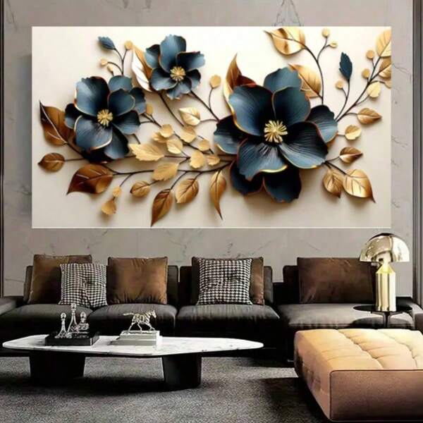 Art sur canevas sans cadre vintage - Conception florale bleue et dorée moderne, décoration murale élégante pour le salon et la chambre à coucher, décoration de pièce, meilleur cadeau. Sans cadre, vous pouvez préparer un cadre de la même taille ou plus grand pour correspondre à votre peinture murale ; assemblez et installez-le vous-même, profitez pleinement du plaisir du DIY.