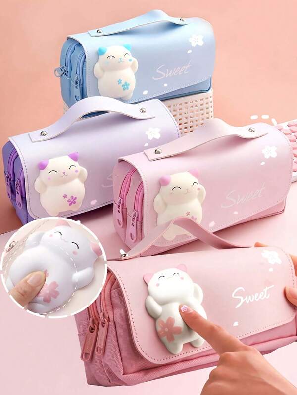 1PC Cute Pencil Case With Three Layers ,Rabbit Decompression Pencil Case ,School Supplies,Large Capacity, Waterproof,For Girls And Elementary School Students,Back To School Essentials,Nice Gitf For Girls