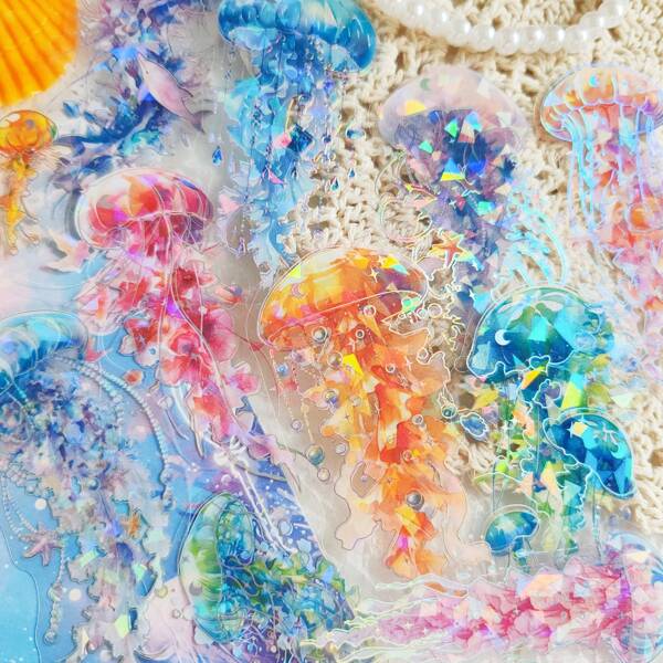[30pcs Rainbow Stickers] 30pcs Vibrant Rainbow Jellyfish Theme Stickers | Reusable, Self-Adhesive, Laser Cut | Ideal For Scrapbooking, Journals And Craft Projects