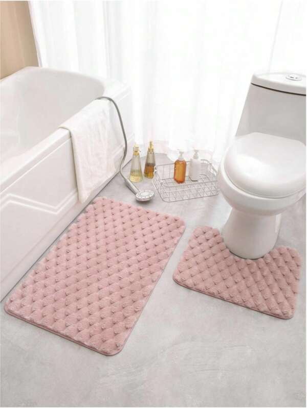 Flannel Solid Color Bathroom Non-Slip Mat, Soft Plush, Non-Woven Backing, U-Shaped Toilet Rug, Suitable For Family Use All Seasons, Bathroom Decor, Rug, Doormat, Bathroom Accessories Entryway Decor