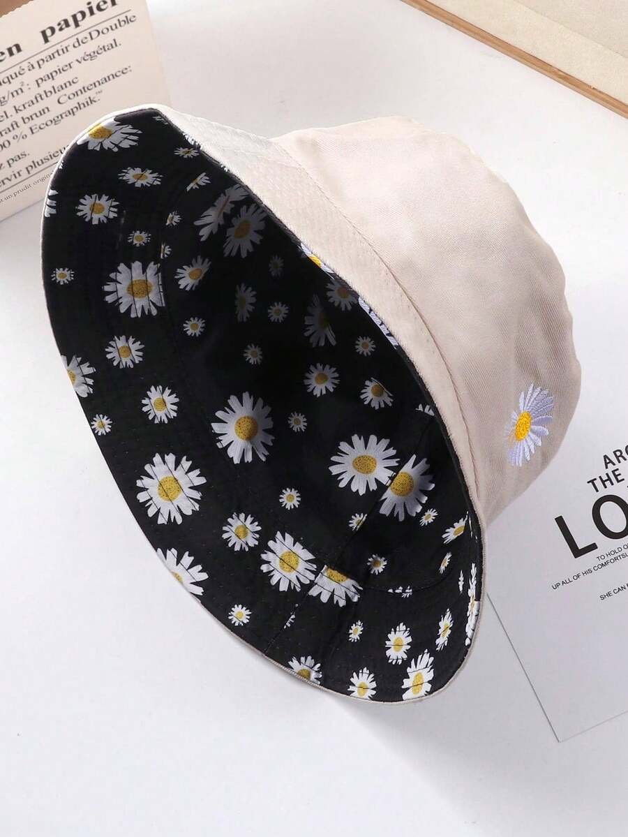 1pc Double-Sided Embroidered Travel Hat, Suitable For Everyday Wear - Beige - View 1
