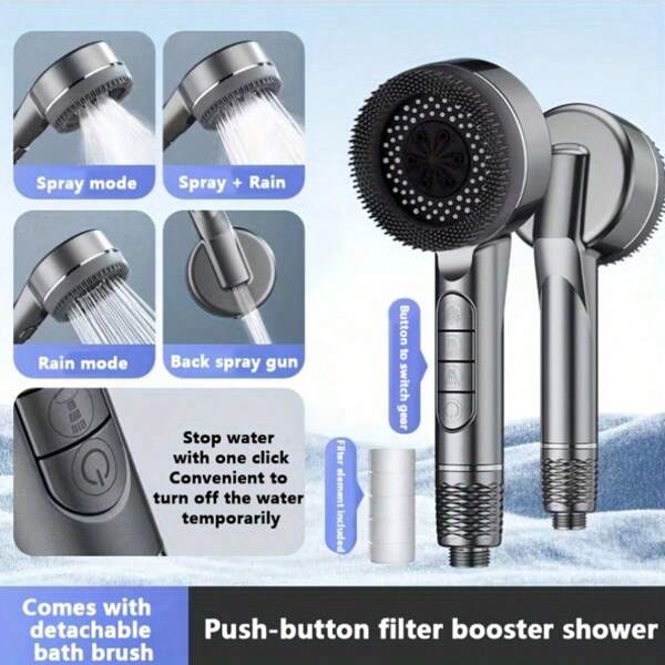3 PiecesSet: 4-Speed ​​Shower Head With High-Quality Filter, 1.5m Stainless Steel Hose, ABS Drill-Free Wall Mount