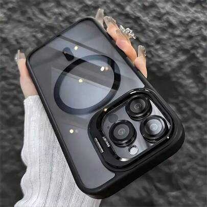 Simplified Magnetic Metal Frame Lens Protective Film/Bracket Three In One Phone Case Suitable For IPhone 16 16pro 16proMax 15 15Pro 15ProMax 14 14Pro 14ProMax 13 13Pro 13ProMax 12 12Pro 12ProMax 11 Acrylic Anti Drop Hard Shell Protective Case For The Back Cover. Waterproof Shockproof Scratch Resistant