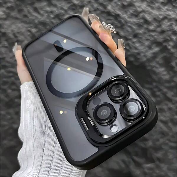Funda protectora de teléfono de marco metálico magnético simplificado, película protectora de lente y soporte 3 en 1, adecuada para iPhone 16, 16 Pro, 16 Pro Max, 15, 15 Pro, 15 Pro Max, 14, 14 Pro, 14 Pro Max, 13, 13 Pro, 13 Pro Max, 12, 12 Pro, 12 Pro Max, 11. Carcasa rígida antiarañazos, a prueba de golpes y resistente al agua.