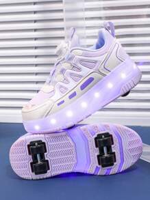 Zapatos de patines de ruedas para niños, zapatos de patinaje sobre ruedas para adolescentes, zapatos de patines de ruedas de cuero PU de doble rueda de 4 ruedas, zapatos con luces LED que se iluminan todo el año con carga USB, ruedas desmontables, patines de ruedas y patines de hielo 2 en 1
