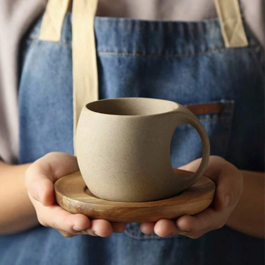 1 pieza Taza de café de cerámica hecha a mano multicolor con platillo de madera, 7oz/12.3oz, segura para microondas y lavavajillas, reutilizable, ideal para té, café o bebidas calientes