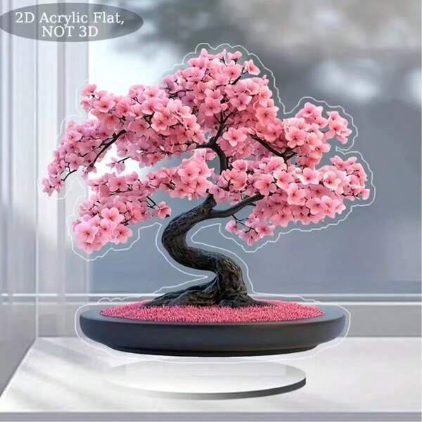 1pc Pink Cherry Blossom Acrylic Potted Tree Decoration - 2D Flat Desktop Display, Black Trunk And Bright Pink Flowers, Suitable For All Seasons Holiday Indoor Decoration, Is An Ideal Gift For Friends, Family, Traditional Style Decoration | Bright Flower Design, Cherry Blossom Decoration