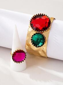2 Stücke modischer Schmuckset mit mehrfarbigem Kreissteinbesatz und Strass, bestehend aus Armband und Ring für Frauen, elegantes charmantes Accessoire für Sommerfeste, Dates, Alltag und Zusammenkünfte
