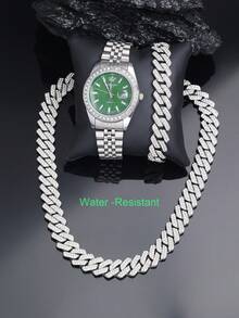 CVNANA 3 件套奢华防水石英手表套装，带日历功能，Iced Out Chains 男士珠宝套装，链项链/手链/手表组合套装，嘻哈时尚珠宝礼物，适合情人节、生日、父亲节