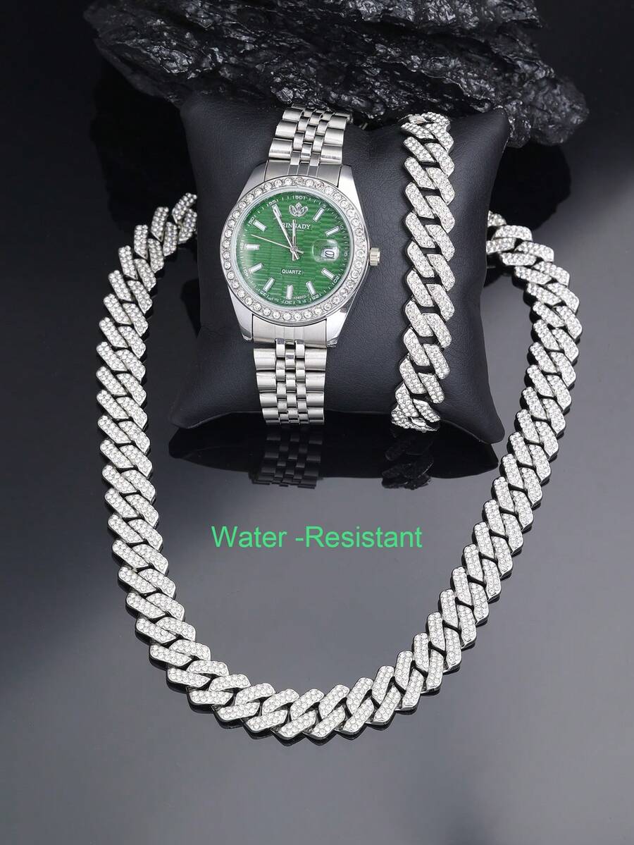 CVNANA 3 件套奢华防水石英手表套装，带日历功能，Iced Out Chains 男士珠宝套装，链项链/手链/手表组合套装，嘻哈时尚珠宝礼物，适合情人节、生日、父亲节
