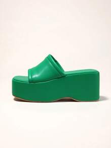 Damen Plateausandaletten mit quadratischer Zehenpartie und Keilabsatz, sexy Lässig Peep-Zehen offene Slip-On Sommer atmungsaktive Leder grüne Pantoffeln