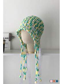 1pc Handmade Crocheted Tassel Tie Hollow Breathable Knitted Beanie Hat For Women, Colorful Floral Pattern, Large Size Fits All, Warm Ear Protection, Casual Versatile Knit Cap For Autumn/Winter
